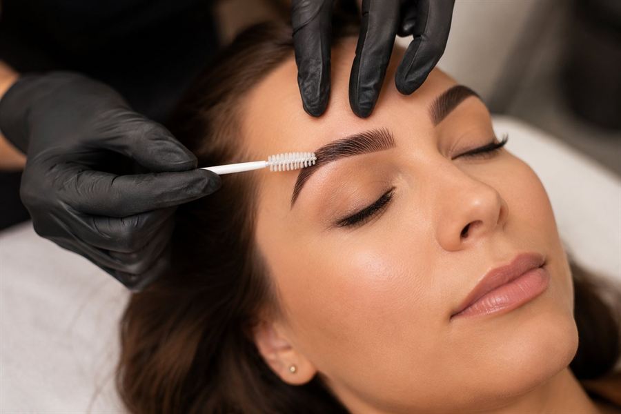 Brows being shaped and brushed through during a treatment.