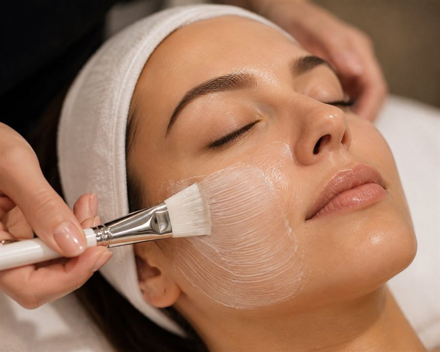 A facial mask being brushed onto a client&rsquo;s cheek.