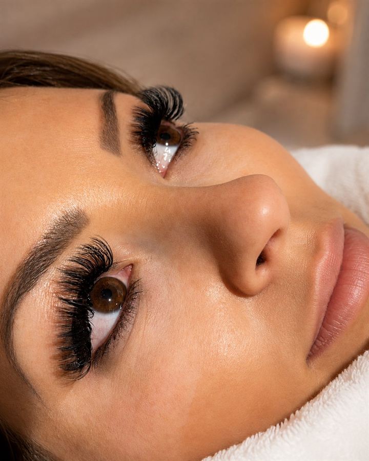 A close-up of a finished set of lash extensions.