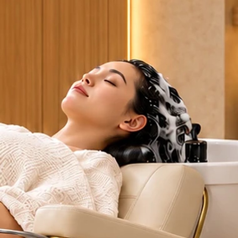 A client relaxing during a Japanese head spa, her hair foamed over the basin.